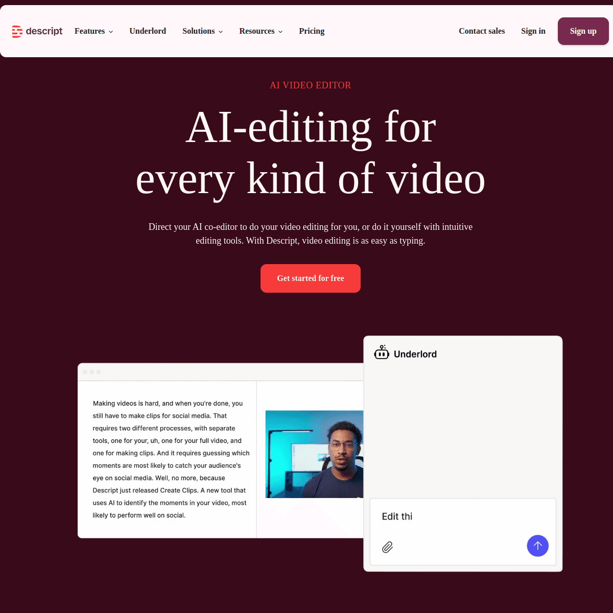 Screenshot of Descript's official website