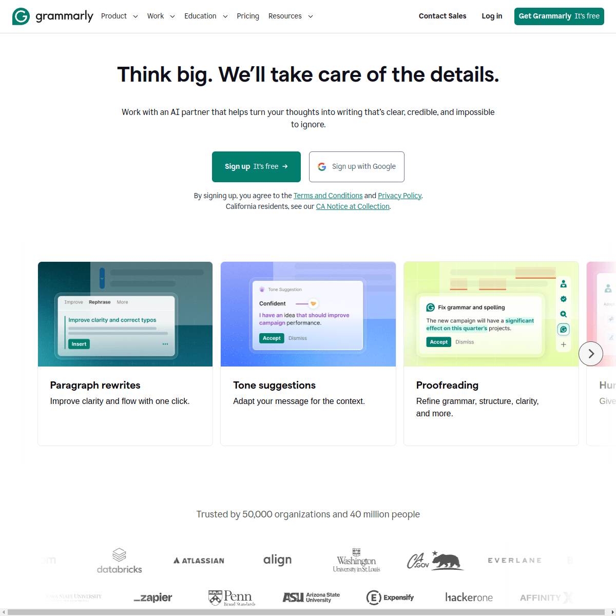 Screenshot of Grammarly's official website