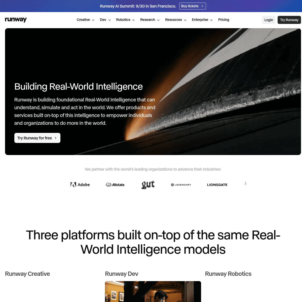 Screenshot of Runway's official website